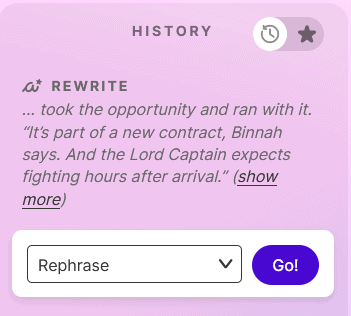 The History Bar showing the Rewrite tool drop-down bar on it's default setting "Rephrase."