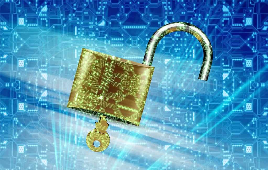 One of those pictures where a padlock is overlaid with a pattern vaguely resembling a circuit board, to make it look digital.